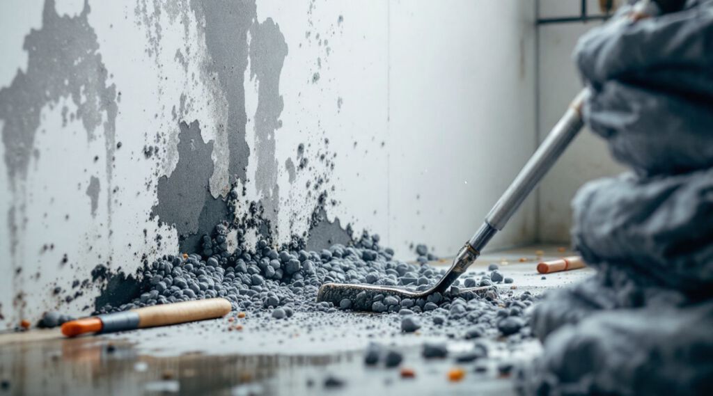 Mold remediation technicians in protective gear inspecting a damp basement wall in Early, specialized equipment nearby, conveying urgent professional assessment.