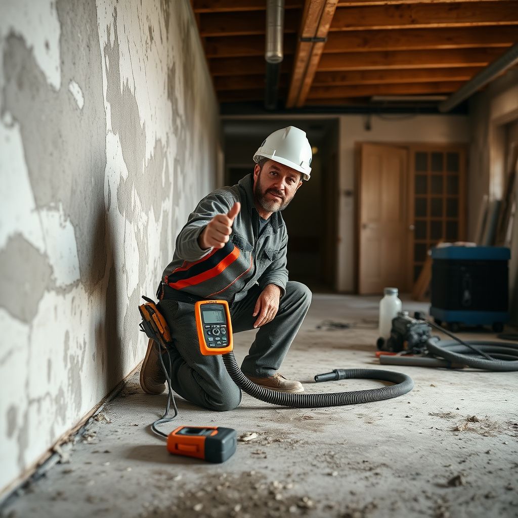 A Blue Pro Mold Removal technician in protective gear explaining the mold remediation process to a homeowner in a Zephyr, Texas living room.