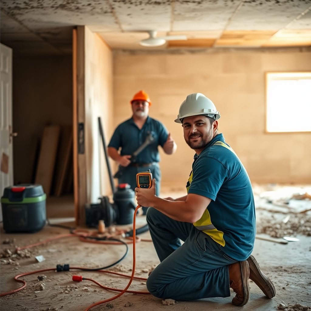 A Blue Pro Mold Removal technician explaining the mold remediation process to a Mullin homeowner in their living room, pointing to a moisture meter.