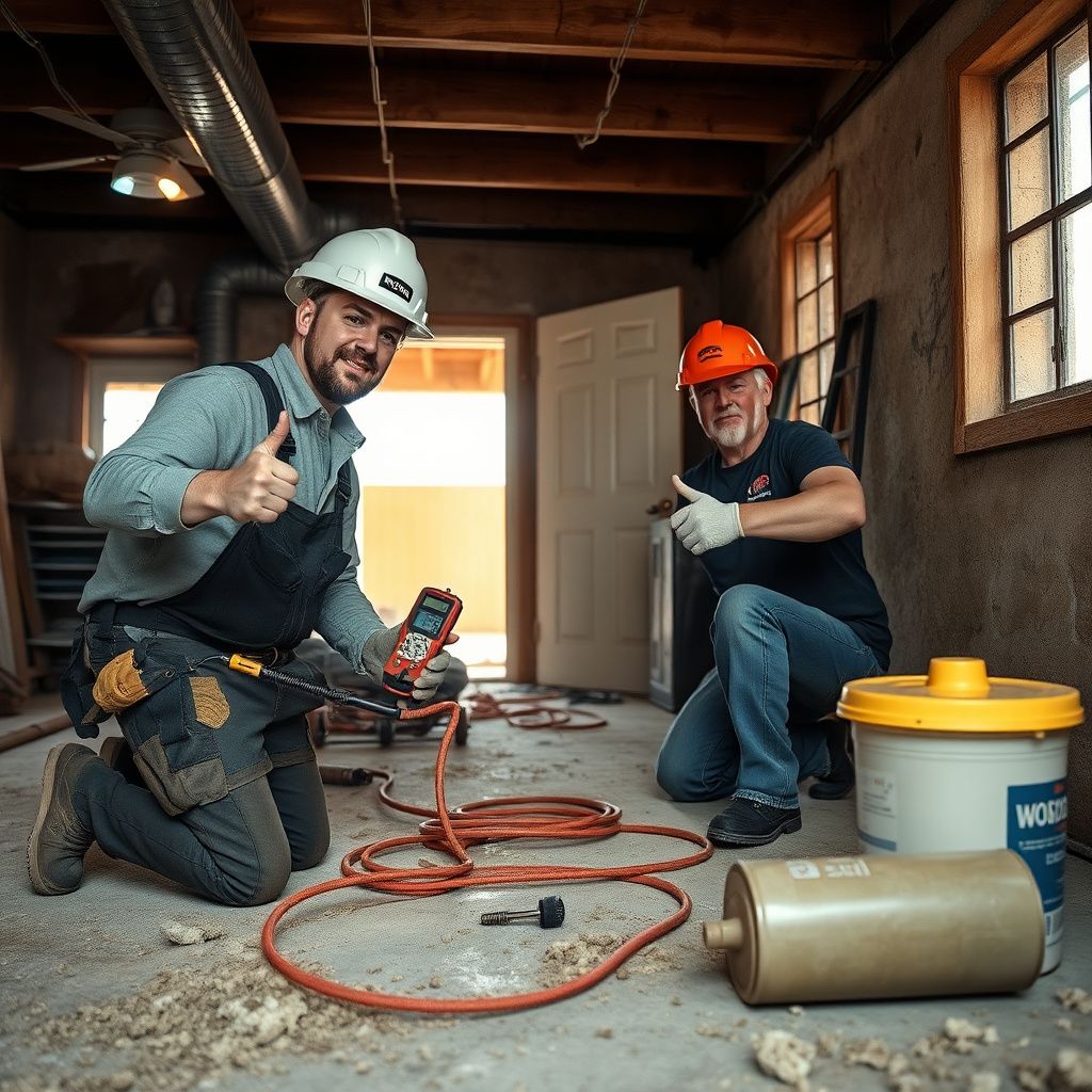 A certified mold remediation technician from Blue Pro Mold Removal performing a final inspection with a moisture meter in a Goldthwaite home, ensuring the area is dry and mold-free.