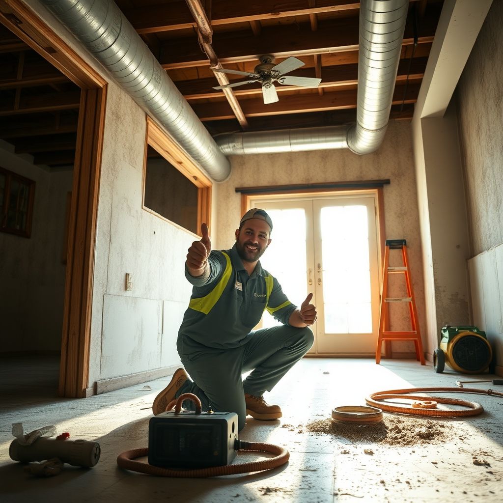 A certified mold remediation technician from Blue Pro Mold Removal carefully inspecting a wall cavity with a moisture meter in a Bangs, Texas home, wearing appropriate PPE.