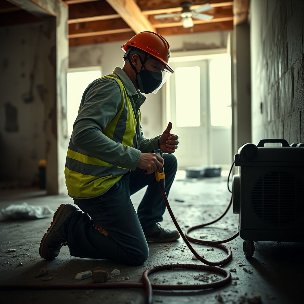 A professional mold remediation technician inspecting a wall in a May, Texas home using specialized moisture detection equipment.