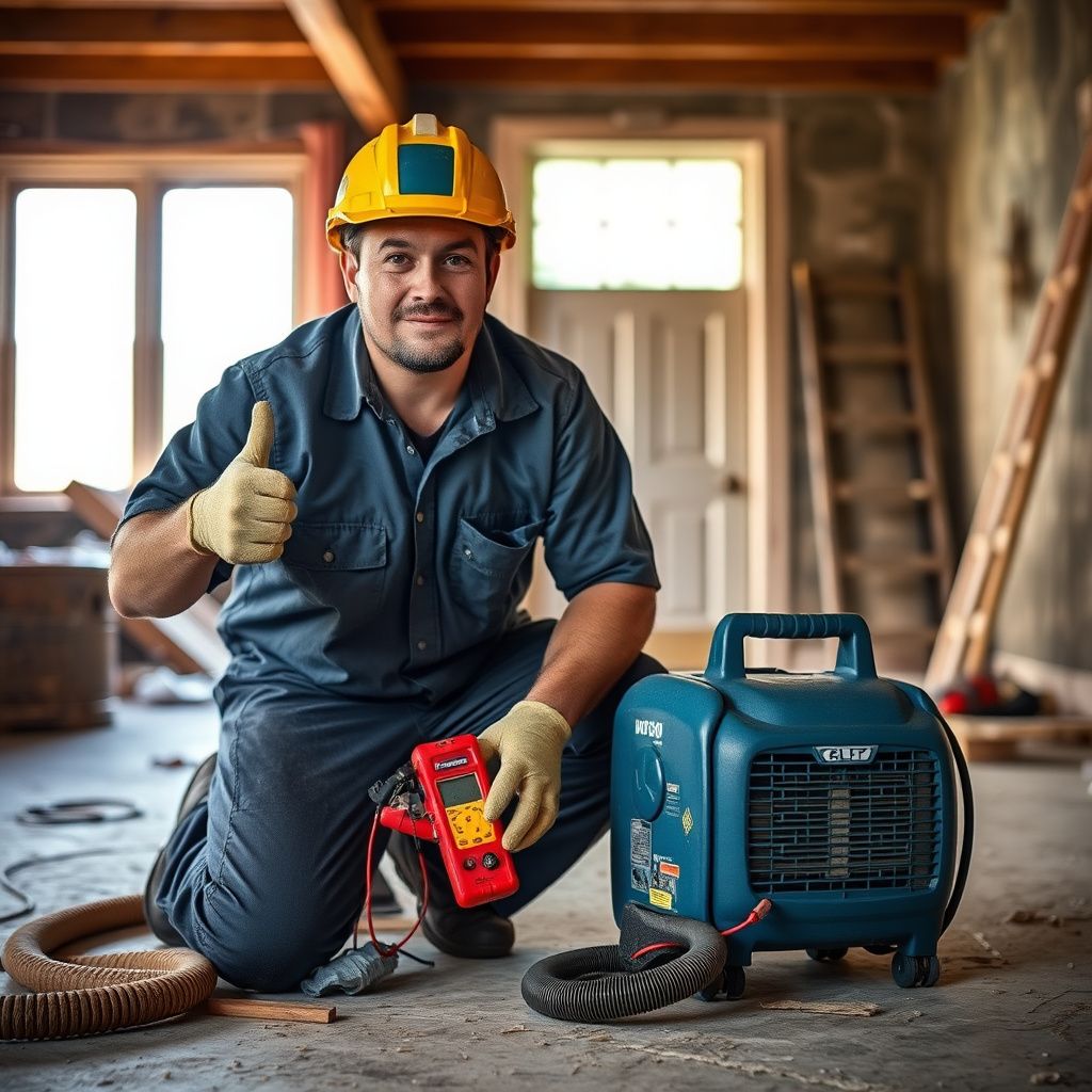 A Blue Pro Mold Removal technician in protective gear carefully inspecting a subfloor for mold in a Brownwood residential crawl space, illuminated by a work light.